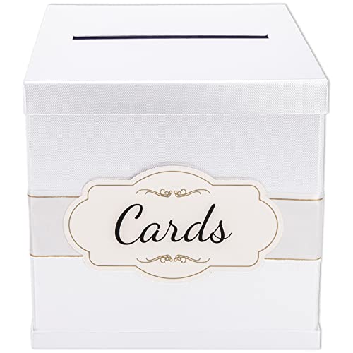 Merry Expressions Gift Card Box With 2 Black & White Ribbons In Gold Trim & Cards Label - 10"X10"X10" Large - For Weddings, Graduations, Birthdays Or Baby Showers #TOP1