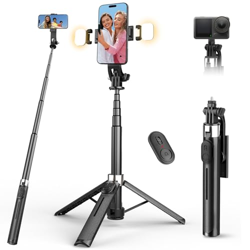 RISEOFLE 110cm Perche à Selfie avec Trépied et Lumière, Trepied Smartphone avec Télécommande, Trépied Téléphone Portable Télescopique - Compatible iPhone,...