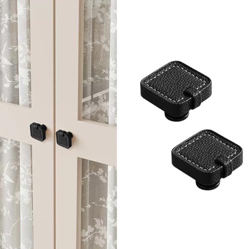 Image of 6 Pack Leather Cabinet Knobs Hand-Stitch Black Square Drawer Pulls for Cabinets Cupboard Dressers Drawers Bedroom Brown