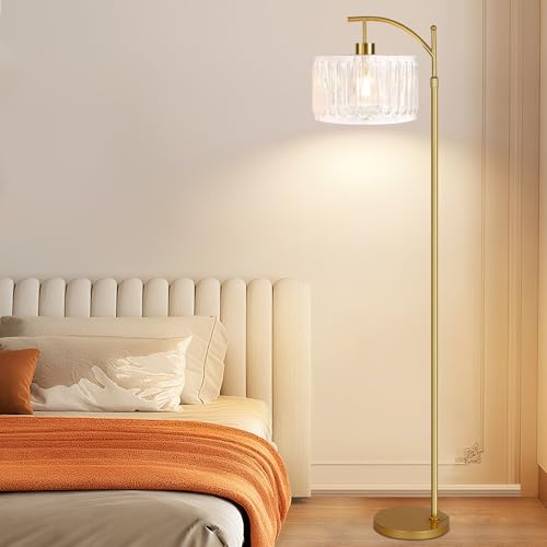 Image of QIYIZM Glass Floor Lamp for Living Room,Bedroom,Gold Dimmable Standing Lamp with Remote,Brass White Tall Lamp Boho Mid Century Modern Floor Lamps Arc Floor Light Lamp Girls Kids Bohemian