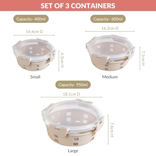 Image of Nestasia Gripso Glass Containers Set of 3 (400ml, 600ml, 950ml) with Silicone Sleeve & Locking Lid, Microwave, Dishwasher & Freezer Safe Round Food Storage Containers (Beige)