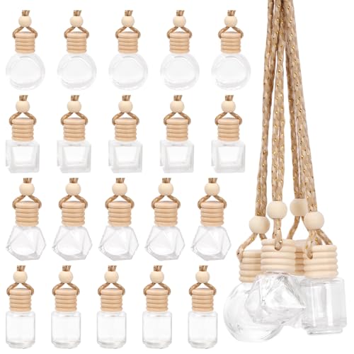 Swpeet 20 unidades 4 tamaños 8 ml difusor de perfume colgante difusor ambientador difusor vacío, rellenable de vidrio transparente botellas de aceite esencial de coche frascos de perfume con tapas de