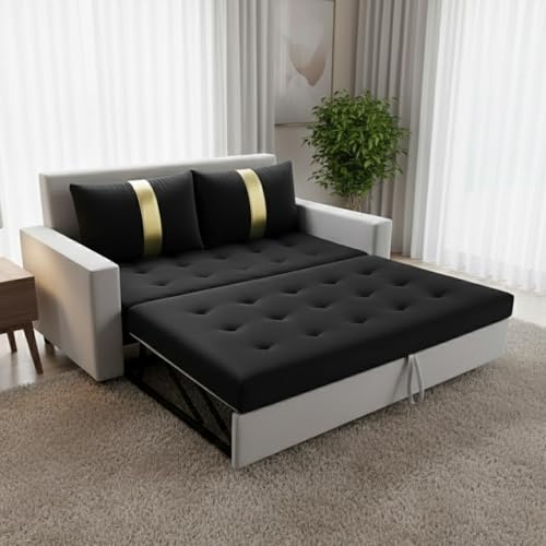 Image of FURNY Tressa 2 Seater Fabric Pull-Out Sofa Cum Bed (Light Grey-Black) Premium Velvet Finish | Durable Comfort | Ideal for Living Room