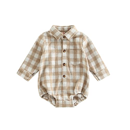 Image of Baby Boy Girl Flannel Plaid Shirt Romper Long Sleeve Lapel Button Down Bodysuit Oversized Tops Fall Winter Clothes