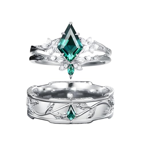 His and Her Emerald Wedding Rings Sets, 925 Sterling Silver 10K/14K/18K Gold Couple Engagement Rings Set, Customized Green Gemstone Anniversary Promise Bands for Man and Women Free Engraving4