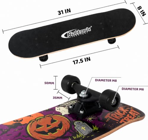 Image of Nattork 31 Inch Complete Skateboard, Standard Skateboards for Beginners, Wood 9 Layer Canadian Maple Trick Skate Boards for Boys Girls Youth Teens Adults