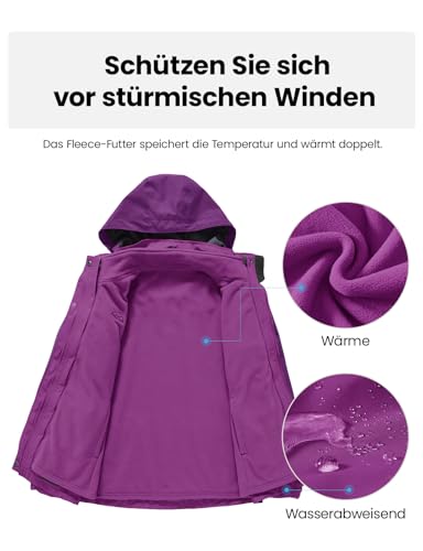 donhobo Damen 3-in-1 Jacke Fleecejacke wasserdichte Winddichte Skijacke Winterjacke Wanderjacke Softshelljacke Regenjacke mit Kapuze Lila L