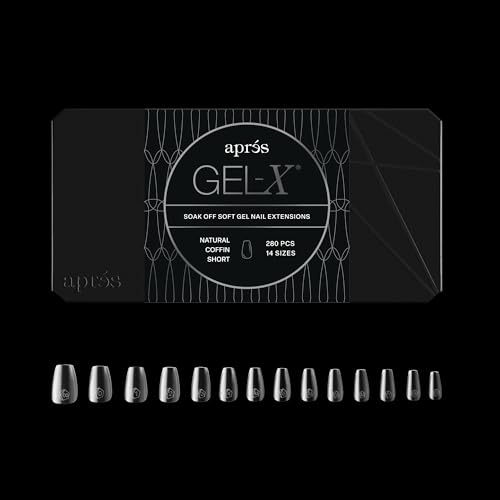 Apres Gel-X Coffin Box of Nail Tips | 280 Gel-X Tips Soft Tips 14 Sizes 00-9 | Half-sizes Included (Natural Coffin Short 280 Count)