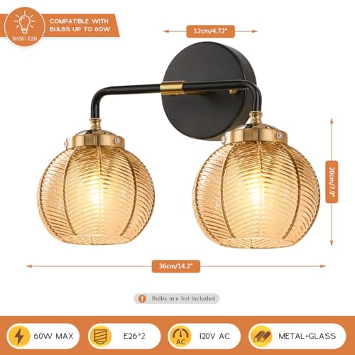 Image of Mid Century Light Fixture Bathroom Wall Sconce 2-Lights with Amber Ribbed Glass Shade Globe Wall Mount Light Modern Vanity Lights for Over Mirror Bedroom Hallway Overhead