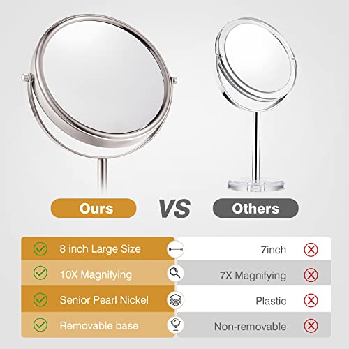 Mirrormore Professional 1X/10X Magnifying Makeup Mirror, 8'' Large Cosmetic Mirror With Magnetic Detachable Base, 360°Swivel Travel Bathroom Personal Mirror Tabletop, Senior Pearl Nickel #TOP6