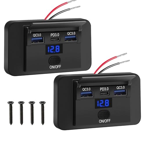 Linkstyle Car Charger Panel, Dual 18W QC3.0 USB A & 36W PD USB C Ports, Car Charging Outlet Panel with Button Switch & LED Voltmeter for 12V/24V RV Boat Truck (2PCS)