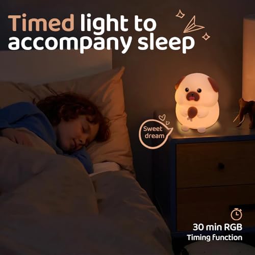 Image of S NMT Cute Dog Silicone Night Light 7 Colors Changeable 3 Brightness Rechargeable Timing Sleeping Lamp Kawaii Cordless Night Lights for Kids Room Decor