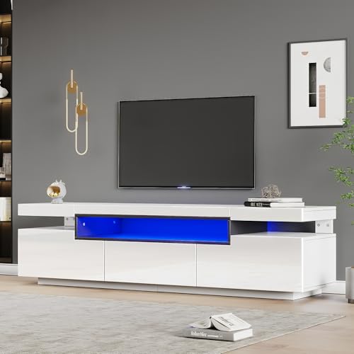 VSOGA Mueble de TV de alto brillo 160 x 39 x 42 cm – Blanco con 16 colores de iluminación LED, espacio para televisores de 70 pulgadas, 3 cajones, moderna TV