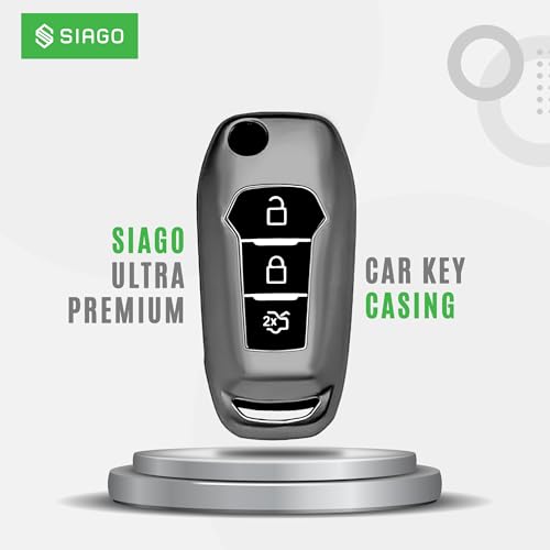 Image of SIAGO TPU Key Cover and Round Key Chain Compatible with Endeavour, Figo Aspire, Freestyle 2017, 2018, 2019 3 Button Flip Key (Grey)