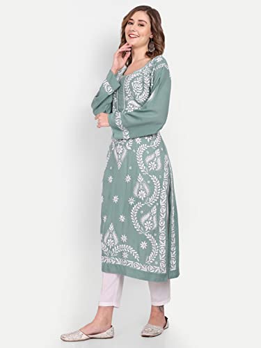 Image of indiankala4u Women's Hand Embroidered Chikankari Kurta for Women | Modal Cotton Straight Kurti | Lucknowi Chikan Work Ethnic Kurta | Full Sleeve Festive Office Wear