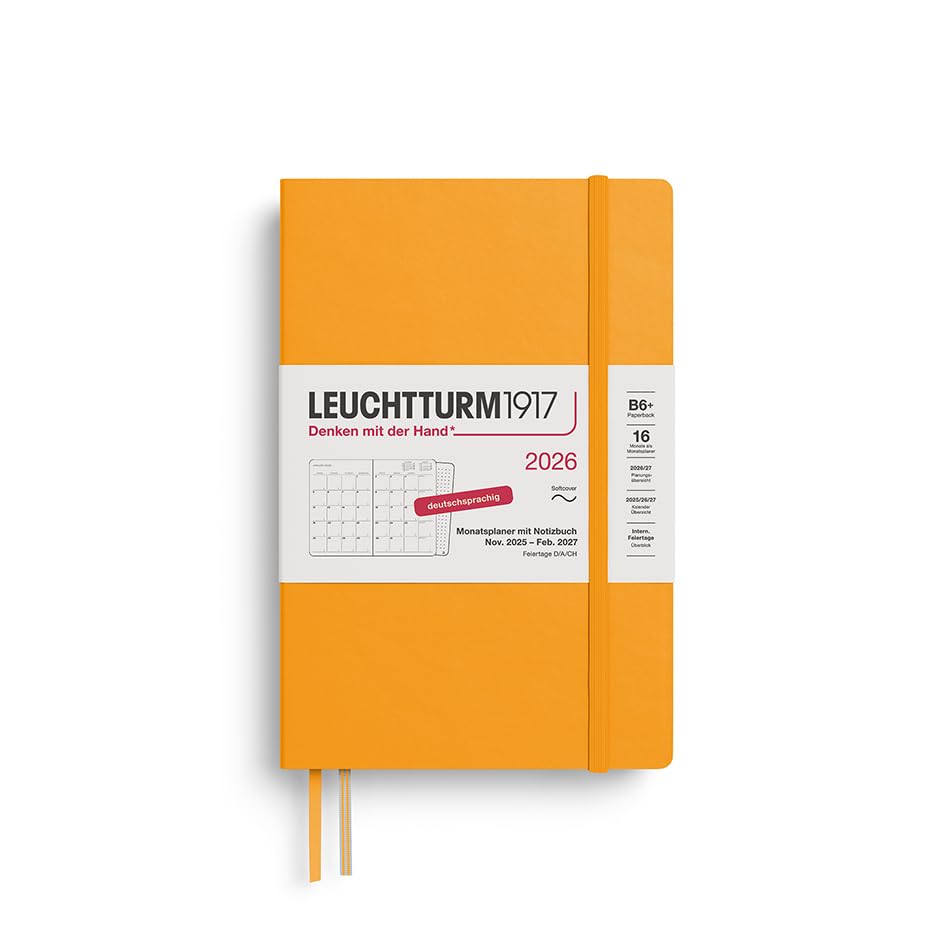 LEUCHTTURM1917 372611 Monthly Planner & Notebook Paperback (B6+) 2026, 16 Months (01 November 2025-28 February 2027), Softcover, Rising Sun, German