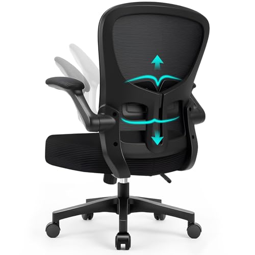 Durrafy Chaise de Bureau Ergonomique, Accoudoirs Rabattables 90°, Support Lombaire Réglable, Maille Respirante, Roues Silencieuses 360°, Charge 130kg, Noir