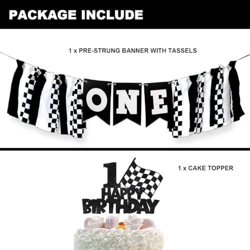 Image of Race Car Highchair Banner and Cake Topper 1st Birthday Party Decorations Black White Race Car Banner for Boys One Birthday Highchair Photo Prop Cars Theme