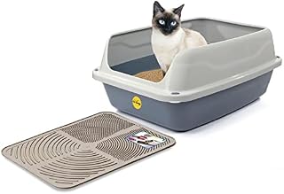 Big Grey Open Cat Litter Tray + Cream Tray Mat High Sided Rim Extra Deep Anti-Spillage XL Toilet Box Pan Loo High-Spraying Adult Cats Lowered Entry Step Detachable Rim Rounded Corners CatCentre®