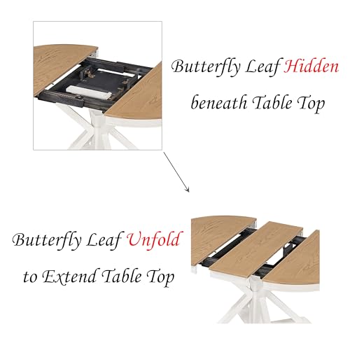 FIVEGIVEN Farmhouse Dining Table for Kitchen 54x42 Inch Expandable Oval Table Top with Hidden Butterfly Leaf Trestle Pedestal Base Natural Wood/White