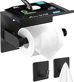 Brezeful Uchwyt na papier toaletowy bez wiercenia, aluminiowy uchwyt na papier toaletowy z półką, samoprzylepny uchwyt na papier toaletowy z 2 haczykami samoprzylepnymi, montaż na ścianie, do kuchni i łazienki, czarny