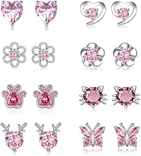 LOUMILEO Sterlings Silver Stud Earrings for Women S925 Silver Stud Earrings for Girls Cute Cat Butterfly Heart Silver Studs Cubic Zirconia Hypoallergenic Small Stud Earrings Set 8Pairs