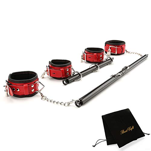 EXREIZST 2 Black Spreader Bar with 4 Red Leather Straps Adjustable Expandable Home Gyms Sports Set (Black and Red)