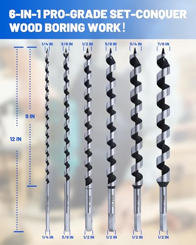 12" Auger Drill Bit Set for Wood, 6Pcs 1/4" - 7/8" Bit Size Long Tree Stump Drill Bits, Self-Feed Screw Tip Bits for Fast Boring in Hardwood & Softwood, Plastic, Drywall Composite Materials Detail