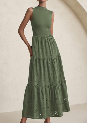 Image of PRETTYGARDEN Summer Dresses for Women 2026 Casual Eyelet Sleeveless Wedding Guest Maxi Dress Tank Top Sundress with Pockets