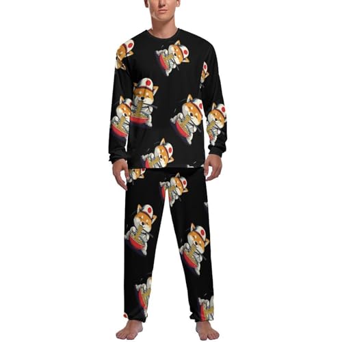 Shiba Dog Japanese Ramen Mens Pajama Set Soft Long Sleeve Sleepwear Lounge Set Pjs