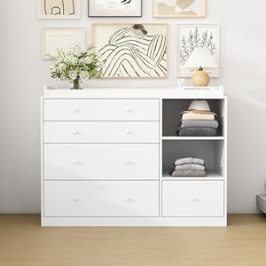 Dresser with 5 Drawers White Chest of Drawers with Open Shelves Modern 5 Drawer Chest with Knobs 5 Drawer Dresser Cabinet for Bedroom Living Room 197D x 472W x 361H