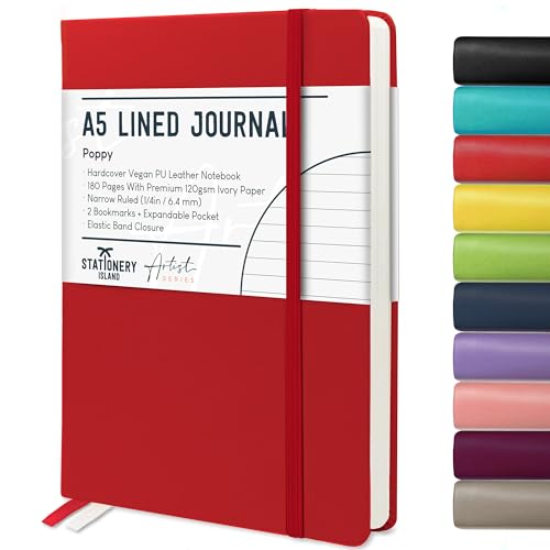 Stationery Island Cuaderno Rayado A5, Tapa Dura con Forro de Libreta con Papel Grueso Premium de 120 g/m², 180 Páginas de Tapa Dura con Rayas Para Escribir, Estudiar, Planificar, Rojo
