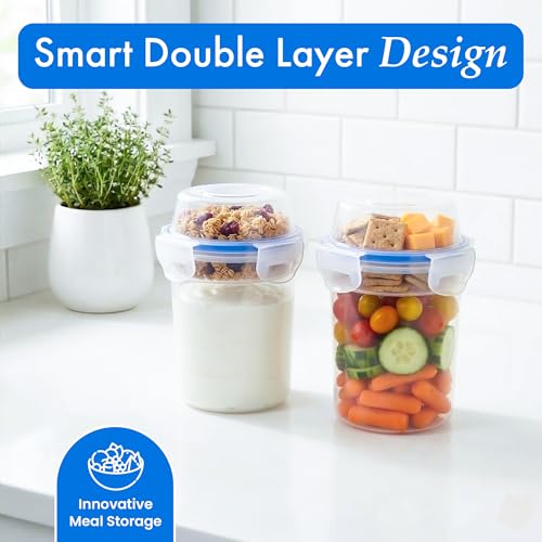 Image of Basicwise 480ml Airtight Cereal Storage Container with Separate Topping Cup Leak-Resistant Clip-Lock Lid Stackable Snack & Yogurt Cup for On-the-Go Breakfast Travel School Office & Daily Use, Set of 2