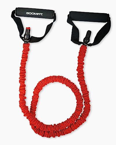 BOOMFIT Cinta Elastica Fitness con Asas (Nivel Avanzado, Rojo) – Banda Elastica Musculacion Recubierta de Tejido para Entrenamiento de Fuerza Intenso y Musculación en Casa o Gimnasio