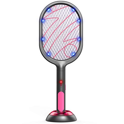 ADOKEY - Raqueta de matamoscas eléctrico 2 en 1 recargable con luz UV para insectos como lámpara mata mosquitos, 3000 V, raqueta matamoscas con carga USB, base de soporte