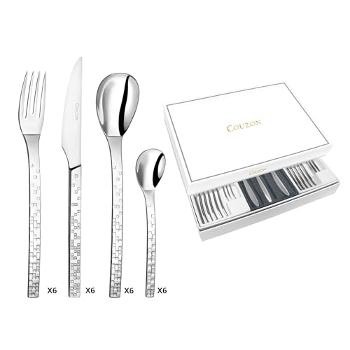 COUZON - Ménagère 24 couverts de table en coffret pour 6 personnes - Pix'Elle 3D - Acier inoxydable 18/10, Finition Miroir, Epaisseur 2.5 mm - Inox