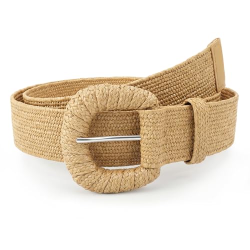 Sdfvsdg Straw Woven Elastic Belt for Women Stretchy Boho Braided Waist Belt Rattan Belts for Dress (Khaki 40)