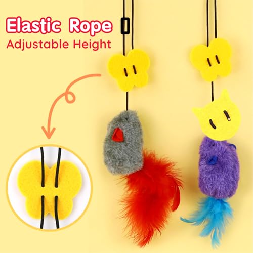 Image of Cat Toy, 2 Pack Cat Mouse Toy with Squeaky Sound Door Hanging Interactive Cat Toy, Realistic Size Mice with Randomly Colored Feather Tail Hanging Retractable Kitten Toy for Bored Indoor Adult Cat Play