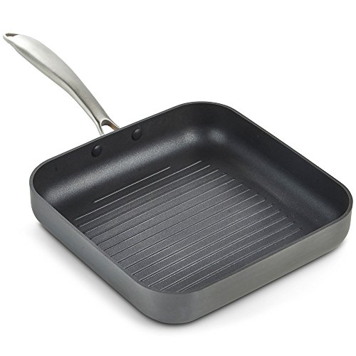 VonShef Aluminum Square Grill Fry Pan Premium Non-stick Hard Anodized Ridged Cookware, Induction Compatible, Safe for Stove and Oven- 10 Inch, Gray