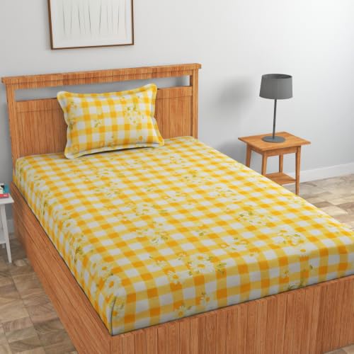 Image of NHD HOME Pure Cotton 220 tc Flat Single Bedsheets for Summer Breathable | Wrinklefree | Super Soft (Size-60 X 90 Inch) with 1 Pillow Covers (Size-17 X 27 Inches, Sunflower Gingham