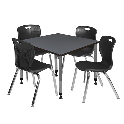 Romig Trek 42 in. Square Adjustable Classroom Table- Grey & 4 Andy 18 in. Stack Chairs- Black & Grey Base