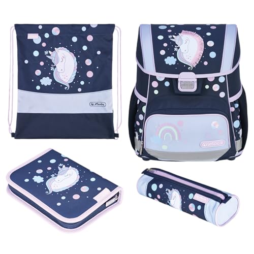 Herlitz Schulranzen Set 4-teilig Loop Unicorn Dreams Blau 17 L Ergonomischer Tornister mit geringem Gewicht 1. Klasse Junge Mädchen Kinder Schulrucksack, Einhorn