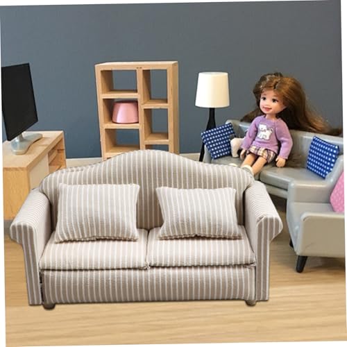Canapé double de maison de poupée avec chaise miniature à rayures beiges - 4