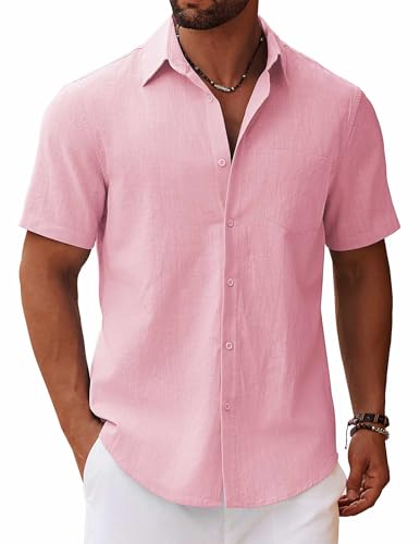 COOFANDY Mens Beach Shirts Short Sleeve Resort Wear Shirts Button Up Shirt Pink