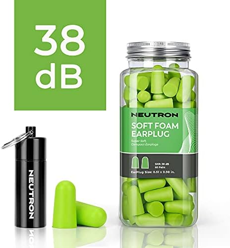 Neutron Soft Foam Ear Plugs with Travel Case - Noise Cancelling 38dB SNR - Earplugs for Sleeping, Travel, Concerts, Studying, Work, Loud Noise, Snoring - 60 Pairs - Green