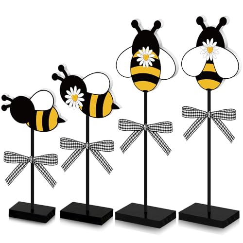 Anglechic 4 Pcs Bee Table Decor Summer Wooden Sign Bee Decorations for Home Set Honey Comb Kitchen Decor Rustic Standing Table Centerpiece Farmhouse Tabletop Sign for Party
