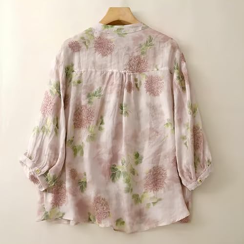 Image of Gufrina Women's Light Rose Floral Printed Button Down Shirt with Mandarin Collar and Relaxed Fit 3 /4 Sleeves