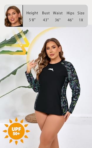 Halcurt Women Plus Size Rash Guard with Thumb Hole Long Sleeve Swim Shirt UPF50+ Swimsuit Top3