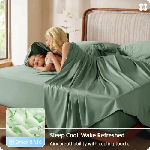 Image of Bedsure 100% Organically Grown Bamboo Viscose Queen Sheet Set | Cooling Bedsheets for Hot Sleepers | Luxury Silky Soft PureWoven | 18 inch Deep Pocket with Corner Straps | Oeko-Tex Certified [Sage Green]