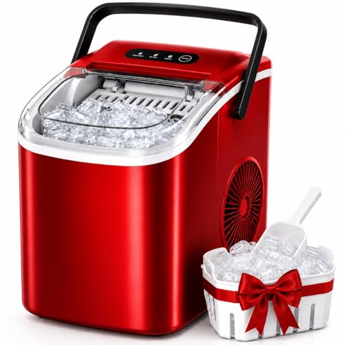 Casanta Portable Ice Maker Countertop Self-Cleaning Ice Maker Machine 26lbs/24Hrs 9 Cubes in 6 Mins Compact Ice Maker for Home/Kitchen/RV with Handle Basket (Ruby Red)